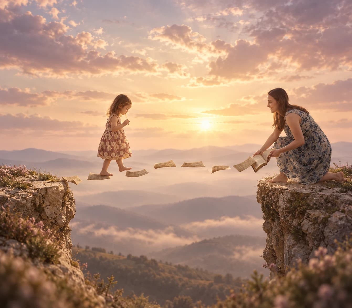 Illustration symbolique de l'accompagnement et du cheminement : une femme et un enfant reliés par les pages d'un livre, sur un fond de ciel aux couleurs chaudes.